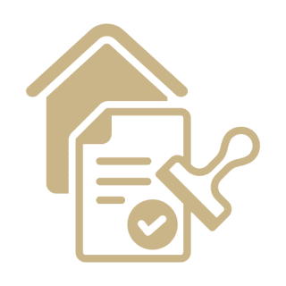 House, document, and stamp icon on black.